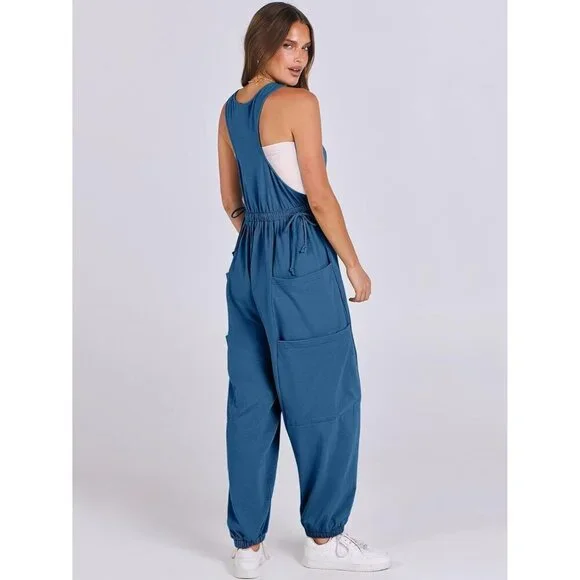 Women Deep Blue Overall Jumpsuit Loose Casual Dressy Sleeveless Baggy Romper - Picture 5 of 6